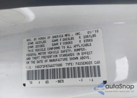 2010 Honda Accord 2.4 Ex-L z USA, uszkodzony, nr VIN 1HGCP2F87AA077480